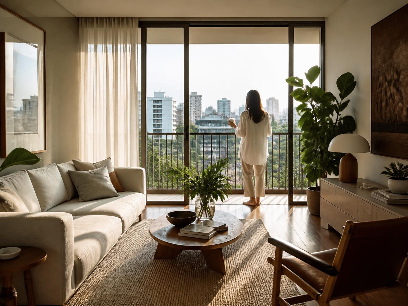 Sala de apartamento contemporâneo com vista para a cidade